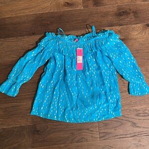 Blue Off-Shoulder Blouse with Gold Accents